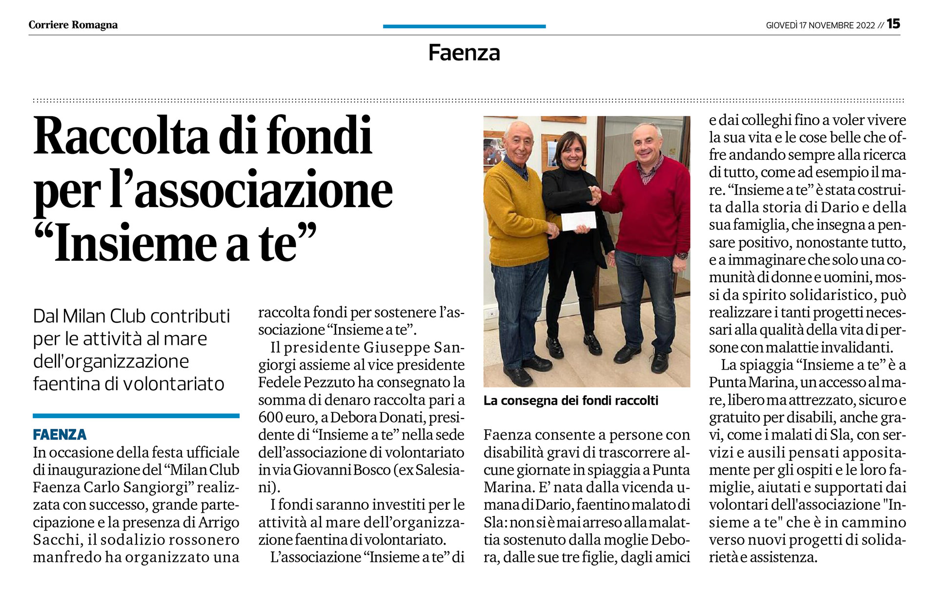 Raccolta di fondi per l’associazione “Insieme a te” [Corriere di Romagna]