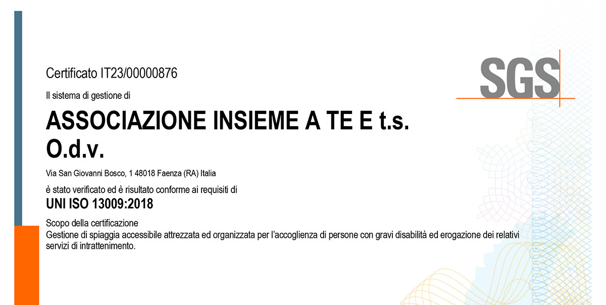 L’Associazione Insieme a Te odv certificata UNI ISO 13009:2018